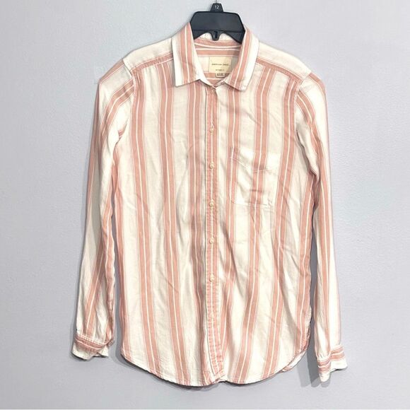 American Eagle | Women’s Boyfriend Fit Pink Striped Button Down Shirt Size XS - Picture 1 of 16